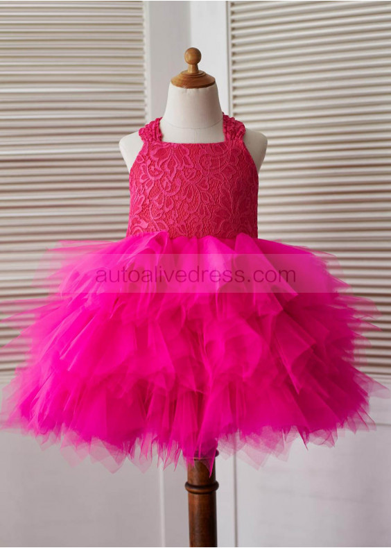 Hot Pink Lace Tulle Cross Back Knee Length Flower Girl Dress